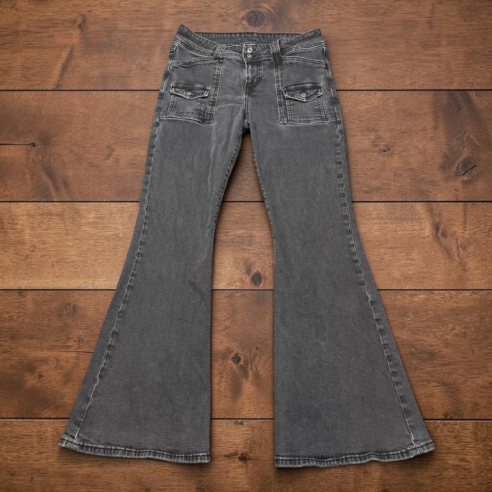 Gap Denim 1969 Womens 29/8 Regular Flare Jeans Washed Black Cargo Pocket Retro